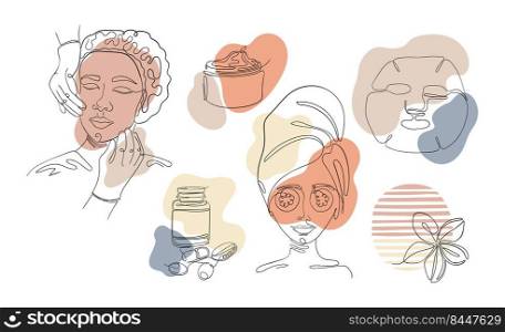 Vector linear art illustration of woman face care procedures, cosmetic masks, injections, cream. Women’s faces are drawn with lines, beauty and health of the skin