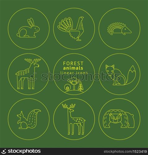 Vector linear icons of forest animals. Trendy design elements.. Vector linear icons of forest animals.