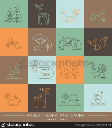 Vector linear icons of forest flora and fauna. Trendy design elements.. Vector linear icons of forest flora and fauna.