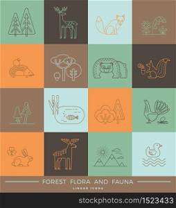 Vector linear icons of forest flora and fauna. Trendy design elements.. Vector linear icons of forest flora and fauna.