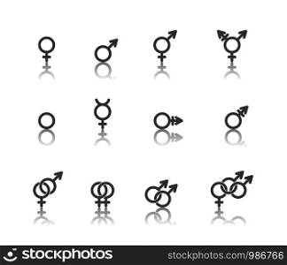 Vector linear icons of gender symbols and its combinations with reflections. Male, female and transgender symbols.. Gender symbol icon set