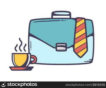 Vector linear illustration of blue business case with cup of coffee and tie on white background. Color hand draw line art design for web, site, advertising, banner, poster, board and print.
