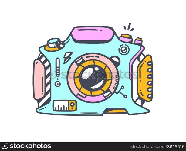 Vector linear illustration of blue photo camera on white background. Color hand draw line art design for web, site, advertising, banner, poster, board and print.