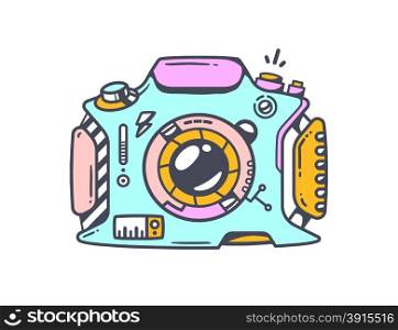 Vector linear illustration of blue photo camera on white background. Color hand draw line art design for web, site, advertising, banner, poster, board and print.