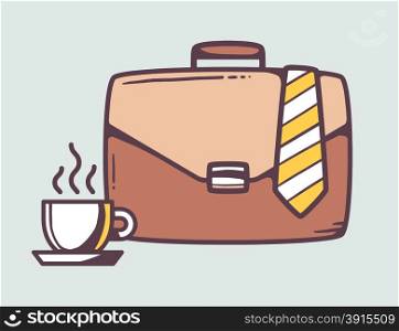 Vector linear illustration of brown business case with cup of coffee and tie on gray background. Color hand draw line art design for web, site, advertising, banner, poster, board and print.