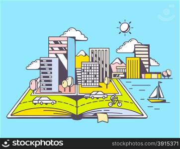 Vector linear illustration of cartoon open book with modern city on blue background. Color hand draw line art design for web, site, advertising, banner, poster, board and print.