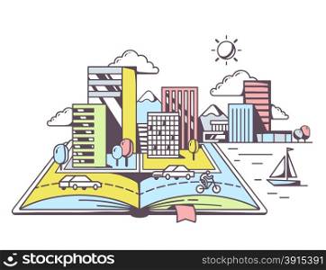 Vector linear illustration of cartoon open book with modern city on white background. Color hand draw line art design for web, site, advertising, banner, poster, board and print.