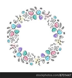 Vector linear illustration of Easter wreath made of flowers and eggs and feathers . linear illustration of Easter wreath. Vector illustration