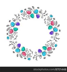 Vector linear illustration of Easter wreath made of flowers and eggs and feathers . linear illustration of Easter wreath. Vector illustration