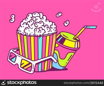 Vector linear illustration of pop corn with juice and anaglyph glasses for 3d on pink background. Glamorous color hand draw line art design for web, site, advertising, banner, poster, board and print.