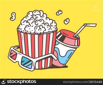 Vector linear illustration of pop corn with juice and anaglyph glasses for 3d on yellow background. Classic color hand draw line art design for web, site, advertising, banner, poster, board and print.