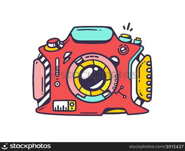 Vector linear illustration of red photo camera on white background. Color hand draw pop art design for web, site, advertising, banner, poster, board and print.