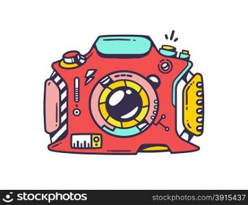 Vector linear illustration of red photo camera on white background. Color hand draw pop art design for web, site, advertising, banner, poster, board and print.