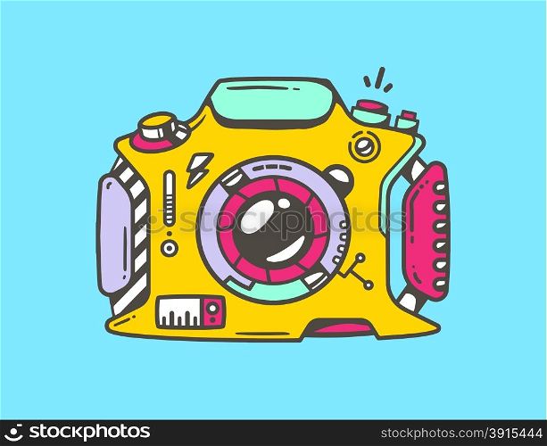 Vector linear illustration of yellow photo camera on blue background. Colorful hand draw pop art design for web, site, advertising, banner, poster, board and print.