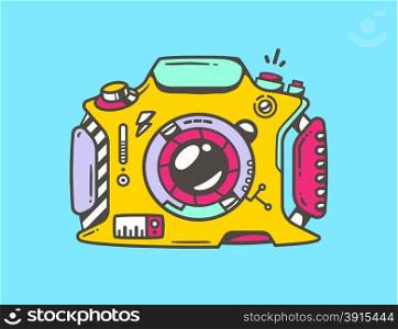 Vector linear illustration of yellow photo camera on blue background. Colorful hand draw pop art design for web, site, advertising, banner, poster, board and print.