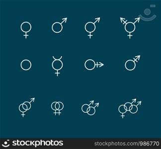 Vector linear outline icons of gender symbols and its combinations. Male, female and transgender symbols on dark background.