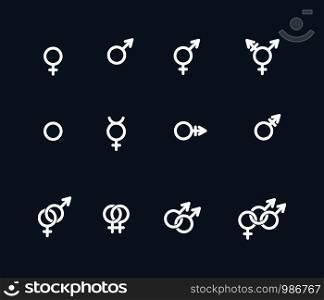 Vector linear white icons of gender symbols and its combinations on dark background. Male, female and transgender symbols.