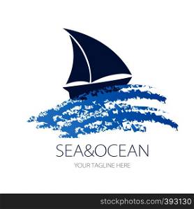 Vector logo design of ocean sea wave and small boat. Can be used logotype for summer beach, sailing tourism,travel,tour, yacht, hotel ship, hospitality in the sea business. vector logo design of ocean sea water beach summer sailing tourism for travel,tour, yacht, hotel ship,