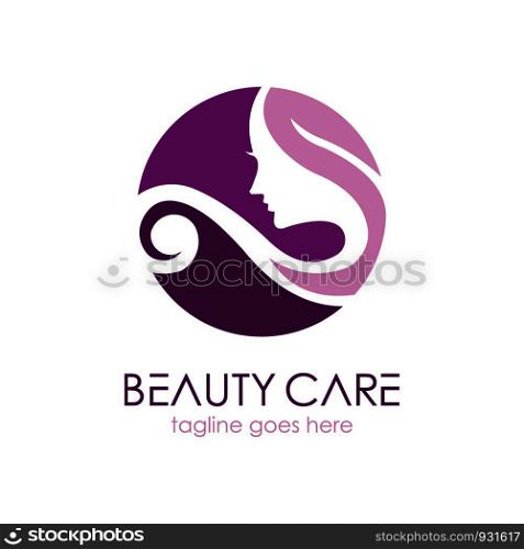 Vector logo design template for a beautiful woman's face profile in purple and green flower leaves. Abstract design concepts for beauty salons, massages, cosmetics and spas