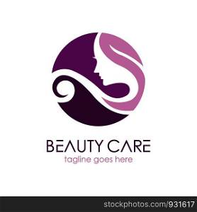 Vector logo design template for a beautiful woman's face profile in purple and green flower leaves. Abstract design concepts for beauty salons, massages, cosmetics and spas
