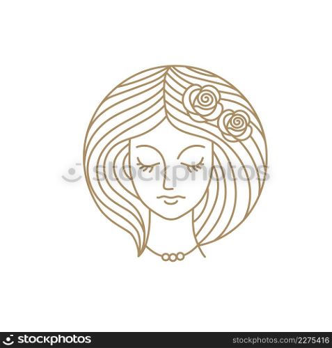 Vector logo design template in trendy linear style with female face - abstract beauty symbol for hair salon or organic cosmetics