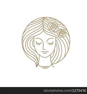 Vector logo design template in trendy linear style with female face - abstract beauty symbol for hair salon or organic cosmetics