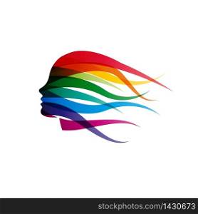 Vector logo girl with hair waving in the wind. Astract woman head in rainbow colors