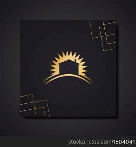Vector logo house before of the setting sun. Luxury greeting card. Invitation template, gold on black background