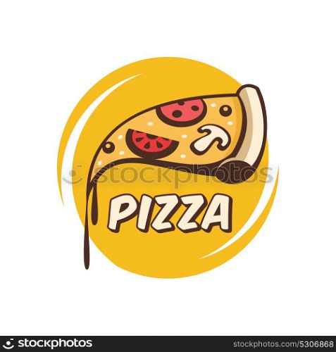 Vector logo in a cartoon style. A slice of hot pizza with mushrooms, sausage, tomatoes and cheese in hand.