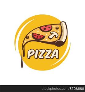Vector logo in a cartoon style. A slice of hot pizza with mushrooms, sausage, tomatoes and cheese in hand.