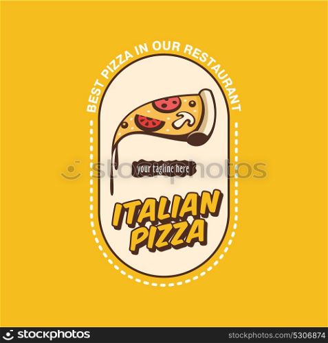 Vector logo. Italian pizza. A slice of hot pizza with mushrooms, sausage, tomatoes and cheese.