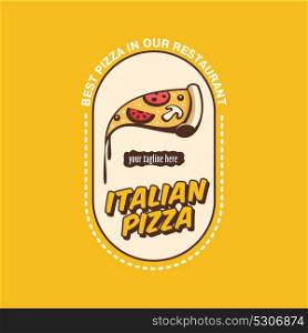 Vector logo. Italian pizza. A slice of hot pizza with mushrooms, sausage, tomatoes and cheese.