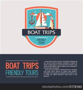 Vector logo, logo. Walking on the sea on a yacht. Boat trips. Boat, lighthouse and anchor.