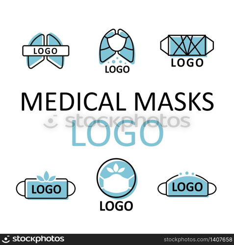 Vector logo medical masks. Set of six logo.Prevention of viral diseases, coronavirus. Prevention of lung infection. Sewing and making masks.