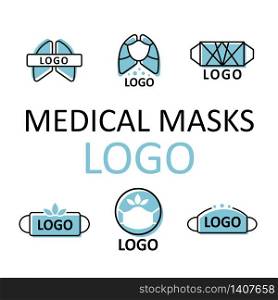 Vector logo medical masks. Set of six logo.Prevention of viral diseases, coronavirus. Prevention of lung infection. Sewing and making masks.