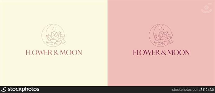Vector logo on which an abstract image of a lotus flower and the moon . Elegant crescent and star logo design line icon vector in luxury style outline linear. Premium boutique, jewelry, wedding salon.