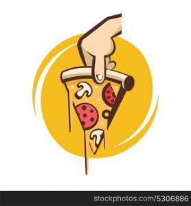Vector logo pizza. A slice of hot pizza with mushrooms, sausage, tomatoes and cheese in hand.