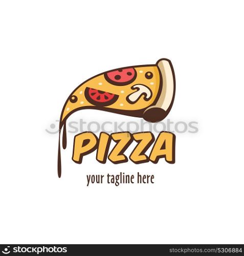 Vector logo pizza. A slice of hot pizza with mushrooms, sausage, tomatoes and cheese.