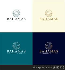 Vector logo template with villa and palm trees - abstract summer and vacation icon and emblem for vacation rentals, travel services, tropical spas and beauty studio. Bahamas resort and spa logo design