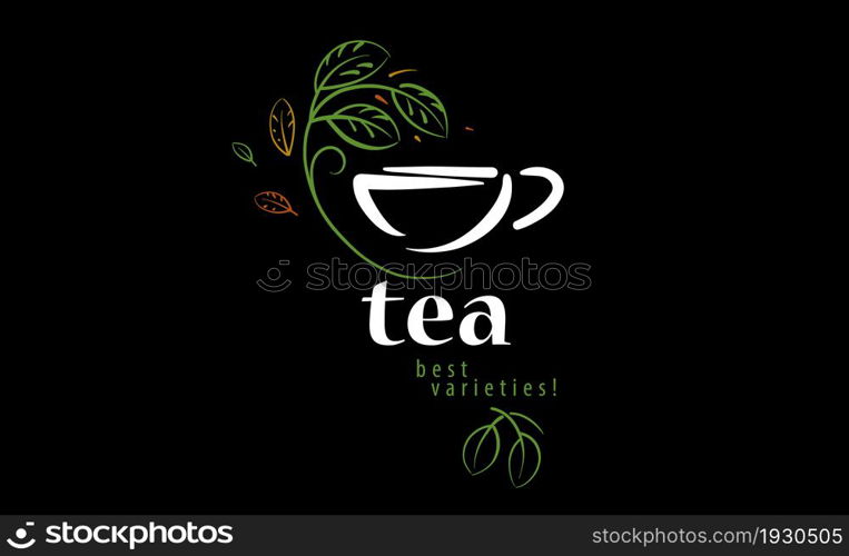 Vector logo with a painted cup of tea and leaves on a black background.. Vector logo with a painted cup of tea and leaves on a black background