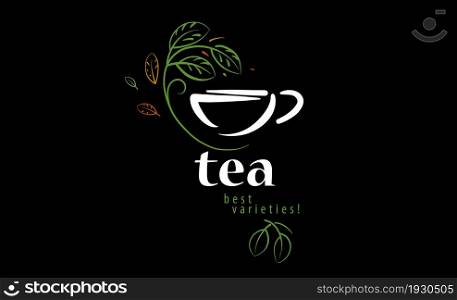 Vector logo with a painted cup of tea and leaves on a black background.. Vector logo with a painted cup of tea and leaves on a black background
