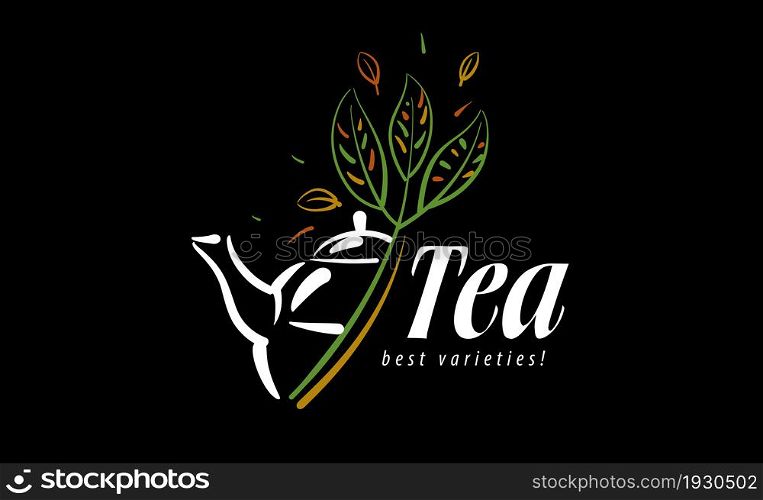 Vector logo with a painted teapot and leaves on a black background.. Vector logo with a painted teapot and leaves on a black background