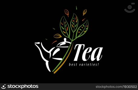 Vector logo with a painted teapot and leaves on a black background.. Vector logo with a painted teapot and leaves on a black background