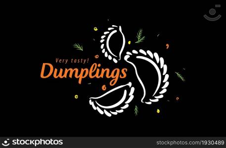 Vector logo with drawn dumplings on a black background.. Vector logo with drawn dumplings on a black background