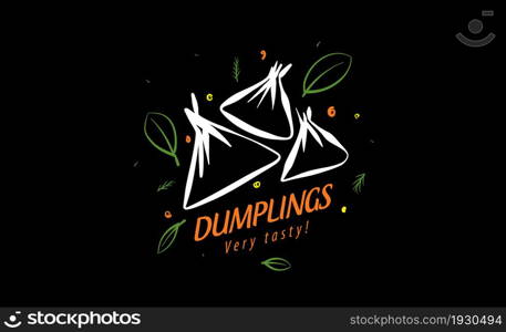 Vector logo with drawn dumplings on a black background.. Vector logo with drawn dumplings on a black background