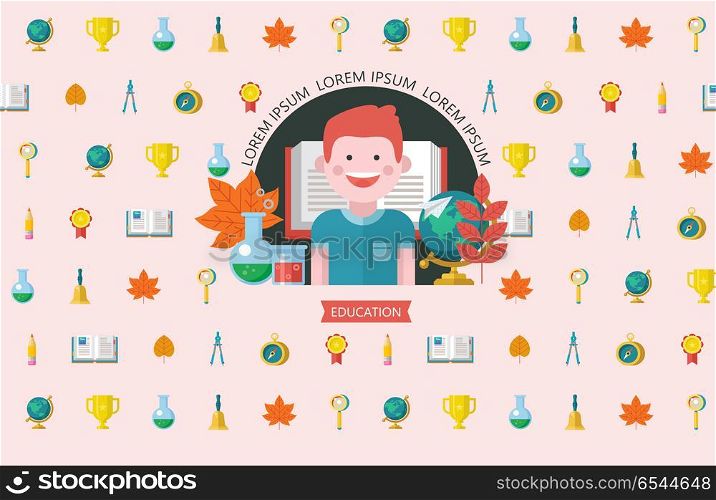 Vector logo with pupil, autumn leaves, open book, globe and chemical flasks. Welcome back to school. Press wall for a photo shoot. Vector emblem of education.