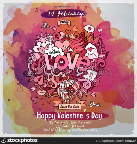 Vector love doodles watercolor paint party flyer design