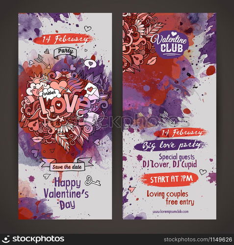 Vector love doodles watercolor paint party horizontal flyer design