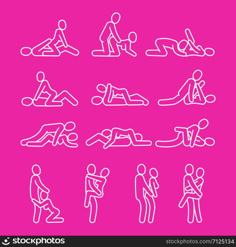 Vector love outline symbols. Sexual position line icons isolated on pink background illustration. Vector love outline. Sexual position line icons