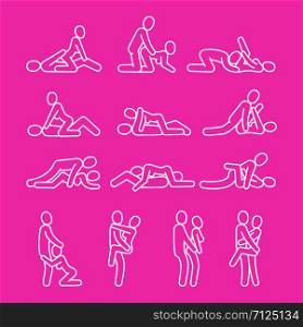 Vector love outline symbols. Sexual position line icons isolated on pink background illustration. Vector love outline. Sexual position line icons